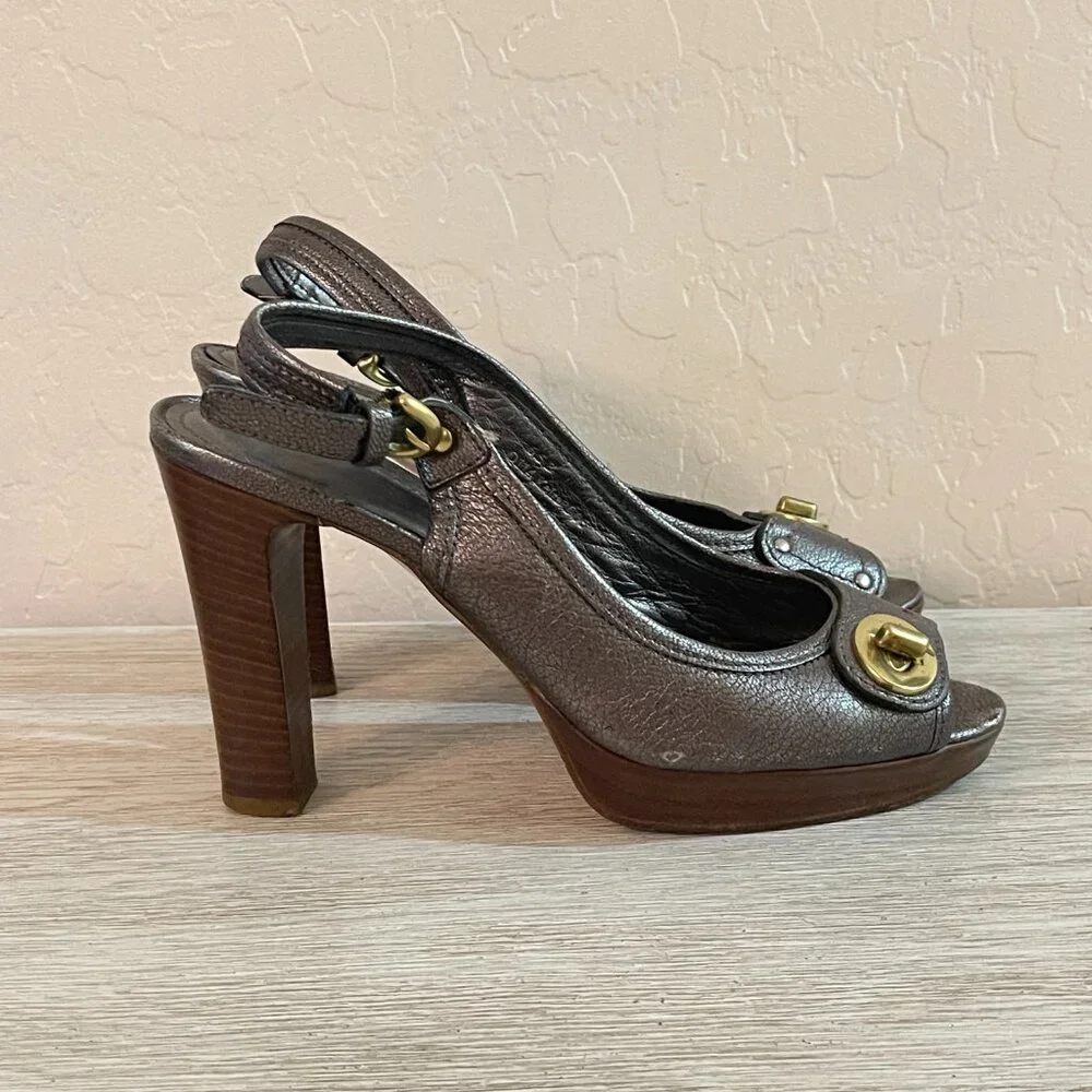 Coach Kiera Platform Heels Peeptoe Slingback Metallic Pewter Gunmetal 6.5